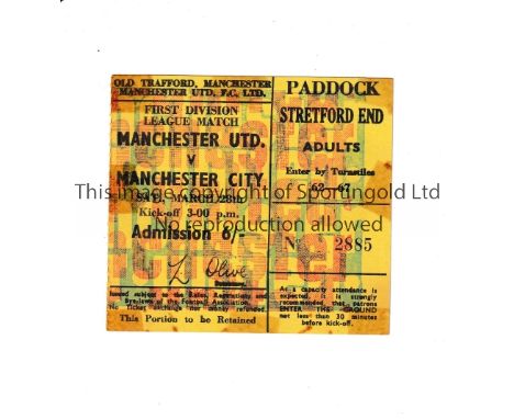 MANCHESTER UNITED       Ticket for the home League match v Manchester City 28/3/1970, slight tape marks.     Fair