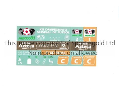 1986 WORLD CUP      Unused ticket for the first round tie, England v Paraguay 18/6/1986 at the Aztec Stadium. Staple holes on