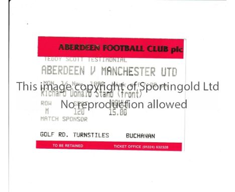 MANCHESTER UNITED     Ticket for the away Teddy Scott testimonial match v Aberdeen in the "Treble" season, on 16/11/1998, lig