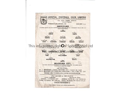 NEUTRAL AT ARSENAL / BRADFORD CITY V BRENTFORD 1955 FA CUP     Single sheet programme for the tie at Highbury 20/1/55. Thursd