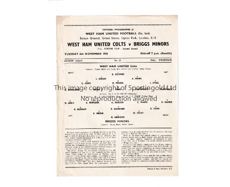 WEST HAM UNITED     Single sheet programme for the home F.A. Youth Cup tie v Briggs Minors 6/11/1956 including Bobby Moore.  