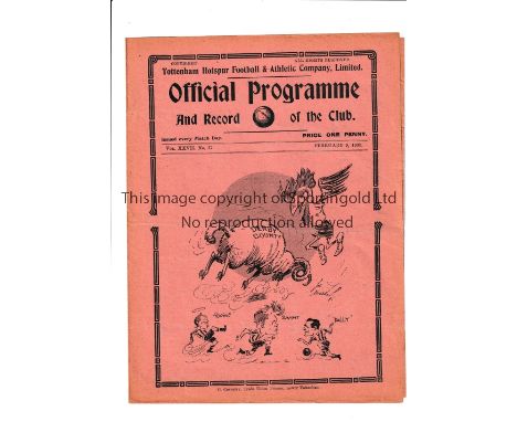 TOTTENHAM HOTSPUR        Programme for the home League match v Derby County 9/2/1935, very slightly creased.     Generally go