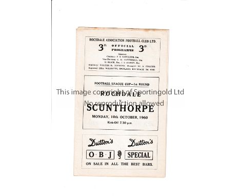 1960-1 LEAGUE CUP FIRST SEASON / ROCHDALE V SCUNTHORPE UNITED       Programme for the tie at Rochdale 10/10/1960, staple remo