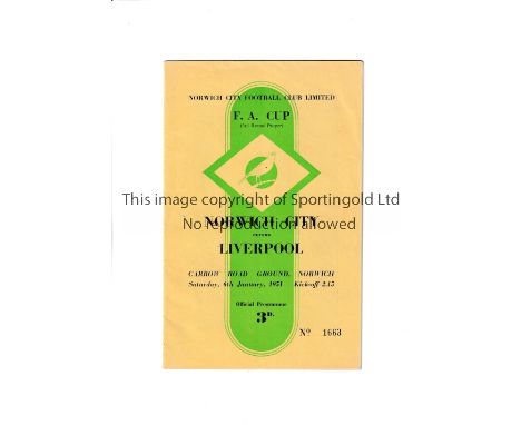 NORWICH CITY V LIVERPOOL / FA CUP 1951        Programme for the FA Cup 3rd round proper tie at Norwich City 6/1/1951, vertica