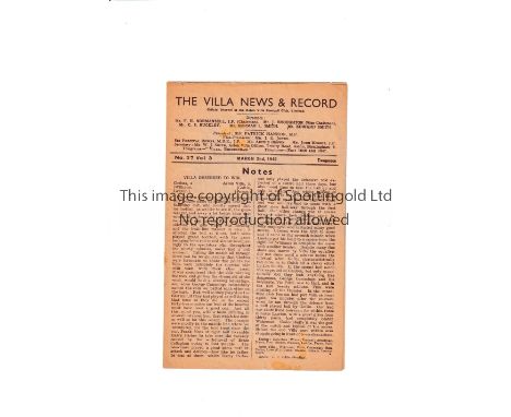 ASTON VILLA V DERBY COUNTY 1945/6 FA CUP     Programme for the Quarter-Final First Leg tie at Villa  2/3/1946 . Derby won the