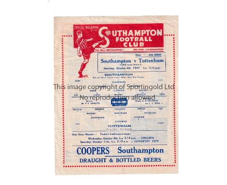 TOTTENHAM HOTSPUR      Single sheet programme for the away League match v Southampton 4/10/1947, slightly creased.     Genera