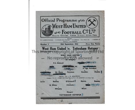 TOTTENHAM HOTSPUR      Programme for the away FL South match v West Ham United 18/9/1943, creased, team changes and scores en