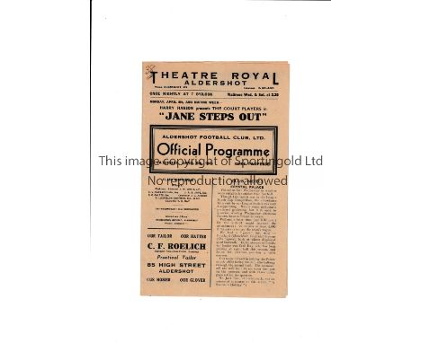 ALDERSHOT V TORQUAY UNITED 1946        Programme for the Division 3 South League Cup tie at Aldershot 6/4/1946, horizontal cr