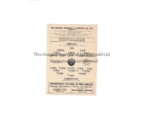 CHELSEA      Single card programme for the home FA Youth Cup tie v Gorleston 16/9/1961.      Good