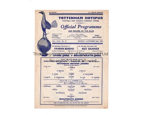 TOTTENHAM HOTSPUR     Single sheet programme for the home Southern Junior Floodlit Cup tie v Bexleyheath Juniors 26/11/1956. 