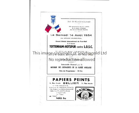 TOTTENHAM HOTSPUR     Four page programme for the away Friendly v LILLE O.S.C. played 14/8/1954 at Stade Municipal, Boulogne-
