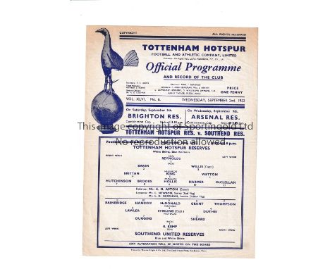 TOTTENHAM HOTSPUR     Single sheet programme for the home Football Combination match v Southend United 2/9/1953, slightly cre
