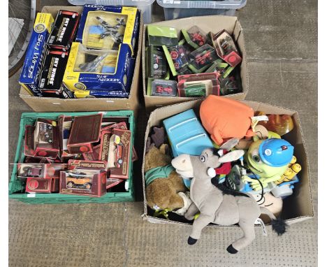 4 VARIUS BOXES OF MODEL TRACTORS, PLANES, VINTAGE VANS, TOYS     