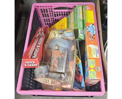 BOX CONTAINING DR WHO FIGURE, CAPTAIN SCARLET BOARD GAME, MOTOR ROAR RALLY CAR TOY, SKETCH A GRAPH ETC     