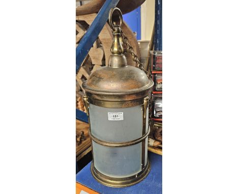EDWARDIAN BRASS BOUND SMOKE GLASS CEILING LIGHT SHADE ON CHAIN     