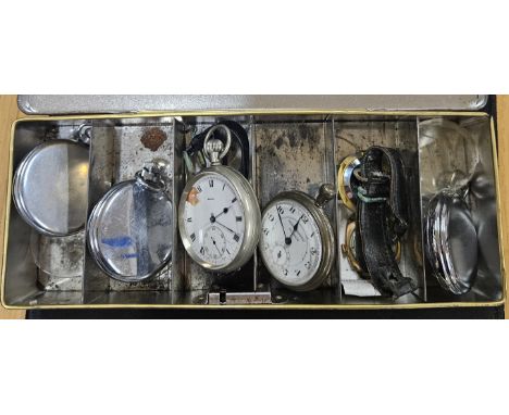 BOX CONTAINING VARIOUS POCKET WATCHES. VINTAGE WRISTWATCHES INCLUDING SMITHS EMPIRE, INGERSOLL &amp; NALLOG     