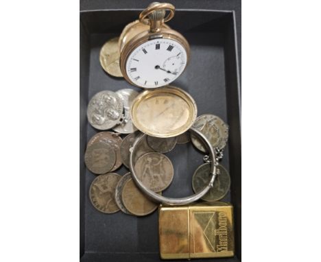 BOX CONTAINING GOLD PLATED POCKET WATCH DATED 1918, SILVER BANGLE MALBORO ZIPPO STYLE LIGHTER, WW1 MEDAL, WW2 MEDAL AND VARIO