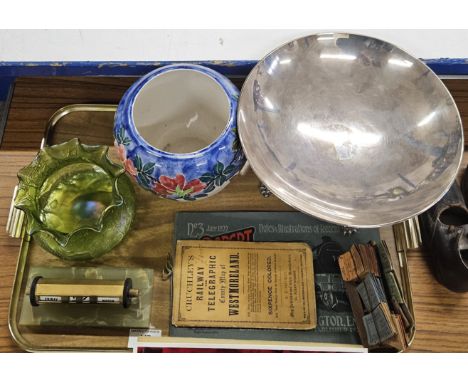 TRAY CONTAINING THE ELGIN EP COMPORT, NOUVEAU STYLE DISH, DESK DATER, VARIOUS TICKET STUBS, RAILWAY MEMORABILIA     