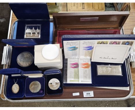 COLLECTION OF VARIOUSROYALTY QUEENS JUBILEE INGOTS, SILVER JUBILEE 1977 SILVER PROOF COINS, SILVER LOCKET, SILVER DRAKE MEDAL