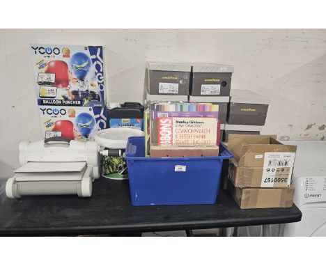 LARGE QUANTITY OF CRAFT EQUIPMENT, BALOON PUNCHER, VARIOUS BOXED GOODYEAR GENTS SLIPPERS, DRILLS ETC