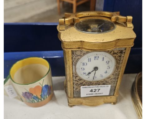 FRENCH STYLE BRASS CARRIAGE CLOCK, CLARICE CLIFF BIZARRE PATTERNED COFFEE CUP     