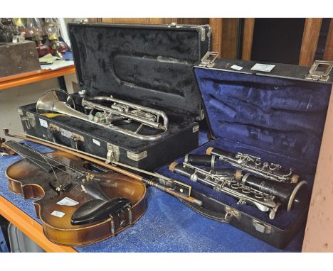 2 VALVE SOPRANO GUGLE IN G, CLARINET IN CASE, VIOLIN WITH BOW
