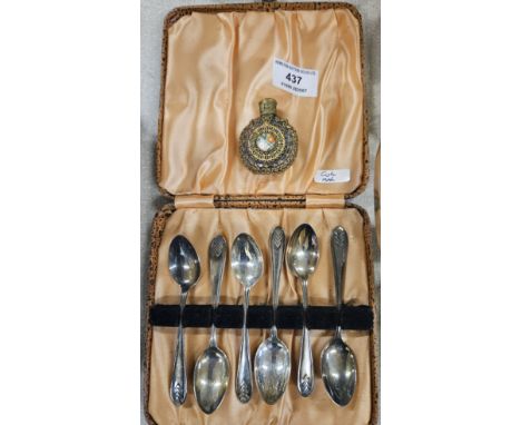 CASE SET OF 6 SHEFFIELD SILVER DECO STYLE TEA SPOONS, SMALL SCENT BOTTLE     