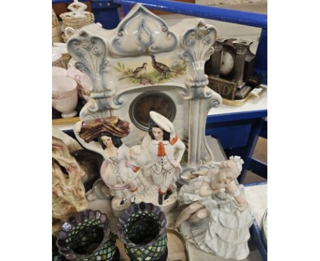 EDWARDIAN CHINA HAND PAINTED PHEASANT DESIGN MANTLE CLOCK, A DOUBLE STAFFORDSHIRE ORNAMENT, HAND PAINTED PORCELAN FIGURINE OR