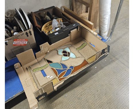 BOX CONTAINING ALL THE VARIOUS BRIC A BRAC, VASES, GLASS EAGLE ORNAMENT, LEAD COLOURED GLASS PANEL, WALL MOUNTED DOUBLE COAT 