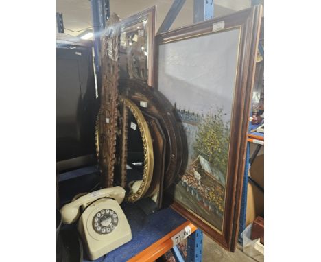 4 VARIOUS FRAMED MIRRORS, OIL ON CANVAS PAINTING, WOODEN TRIBAL STYLE CARVING, VINTAGE STYLE BENROS TELEPHONE     
