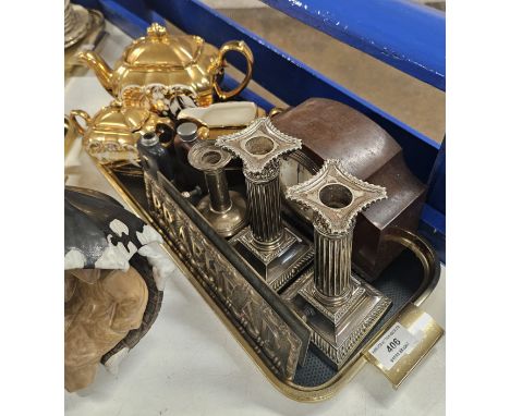 TRAY CONTAINING BRASS BRAEHEAD SIGN, PAIR OF EP COLUMNED CANDLE STICKS, BIRMINGHAM SILVER CNADLE STICK, SADLERS GILT TEA SERV