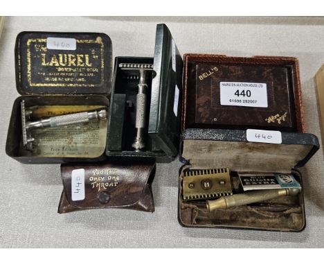 QUANTITY OF VINTAGE RAZER, GILLETTE, BELLS ETC, THE RAZER BAG ENSCRIBED "YOU HAVE ONLY ONE THROAT"     