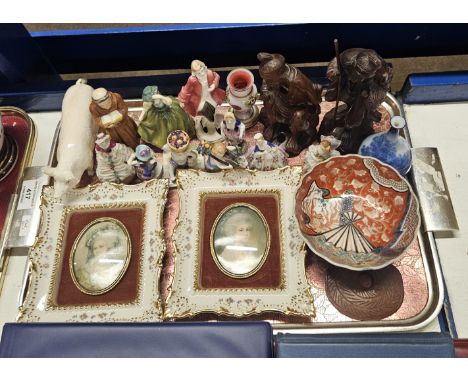 TRAY CONTAINING PORTRAIT PANELS, CHINESE BOWL, VARIOUS DRESDEN AND MEISSEN STYLE FIGURINES, BESWICK PIG, ROYAL WORCESTER MONK