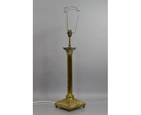 A Brass Table Lamp of Ribbed Corinthian Column Form on Square Base 