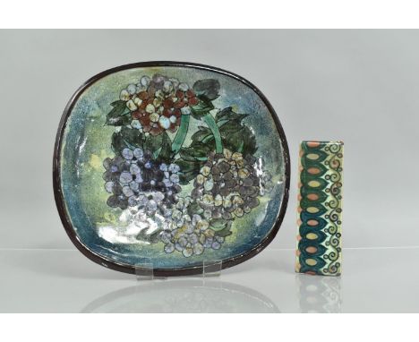 A Chelsea Pottery Bowl decorated with Hydrangeas together with an Early Fulham Period Edging Tile by De Morgan and Co 