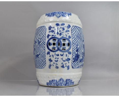 A Modern Blue and White Garden Seat of Barrel Form with Floral and Geometric Design, 46cms high 