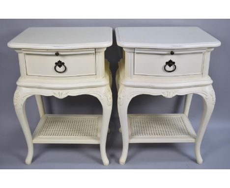 A Pair of Modern Cream Painted Bedside Drawers with Pull Out Slide and Cane Stretcher Shelf, 50cms Wide