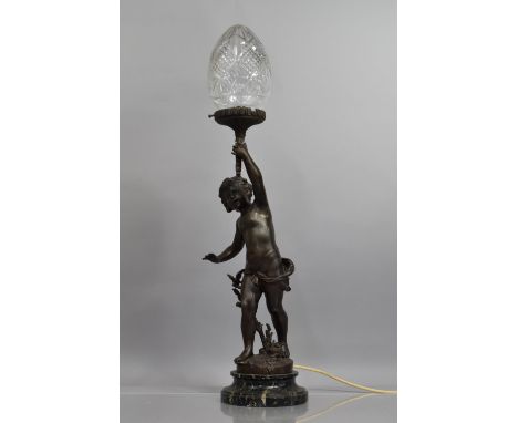 After Ernest Justin Ferrand, Spelter Figural Lamp ' La Foret', Signed to Base and on Circular Marble Plinth, with Cut Glass S