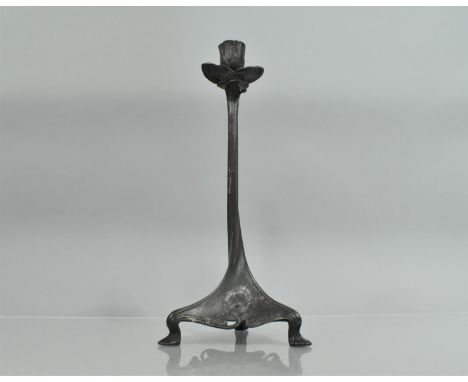 A Jungendstil Juventa Pewter Candlestick, Relief Moulded Naturalistic Form with Petal Drip Tray, The Tripod Support with Pier
