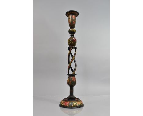 A Kashmiri Candlestand/Table Lamp Base on Cream Ground with Applied Polychrome Floral Decoration, 50.5cms High 