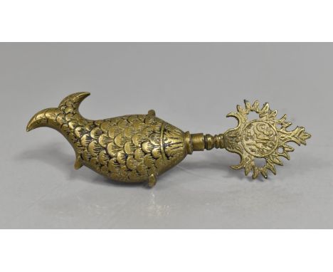 An Indian Brass Fish Flask with Screw Stemmed Stopper, Having Foliage Burst Finial with Central Script Circle, 11.5cms Long 