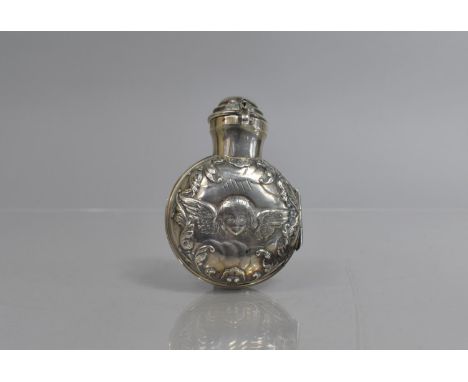 A Victorian Silver Scent Bottle/ Perfume Flask, London Hallmark 1898 by William Coymns and Sons, Hinged Case with Chased Cher