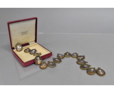 A Set of Fifteen Late Victorian Hand Coloured Portrait Miniatures, Mounted in Gilt Metal Frames, 3cms High 