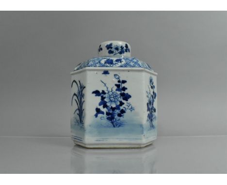 A 19th Century Chinese Porcelain Blue and White Tea Caddy and Cover of Hexagonal Form Decorated with Flowers and Plants, Cart