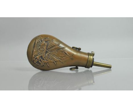A Copper and Brass Powder Flask with Relief Decoration to Body 