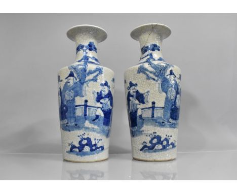A Pair of Chinese Nanking Crackle Glazed Vases if Tapering Form and Flared Necks decorated with Chinese Deities in Garden Sce