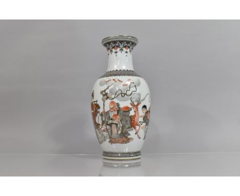 A Late 20th Century Chinese Porcelain Calligraphy Vase, Decorated with Figures, Children Carrying Giant Peach, Chinese God, D