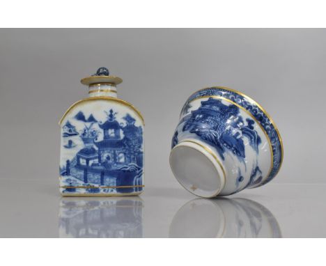 An Late 18th/Early 19th century Chinese Porcelain Tea Caddy decorated With River Village Scene having Figures and Boats and B