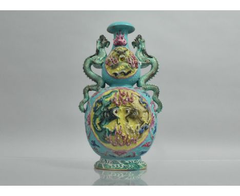 A Chinese Gourd Vase, Decorated in Fahua Manner in Turquoise, Blue Pink and Yellow Enamels with Twin Dragon Handles, The Body