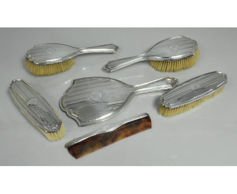 A King George VI Six Piece Silver Dressing Table Set to comprise Brushes, Comb and a Mirror Monogrammed M with Engine Turned 